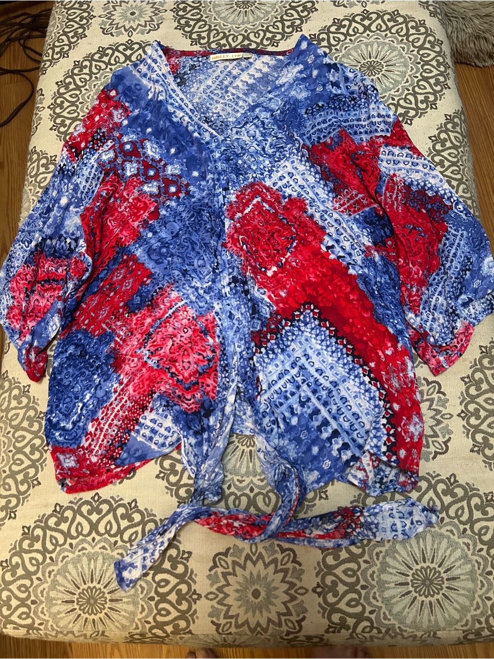 Tie-Front Printed Blouse in Blue & Red - Picture 1 of 2
